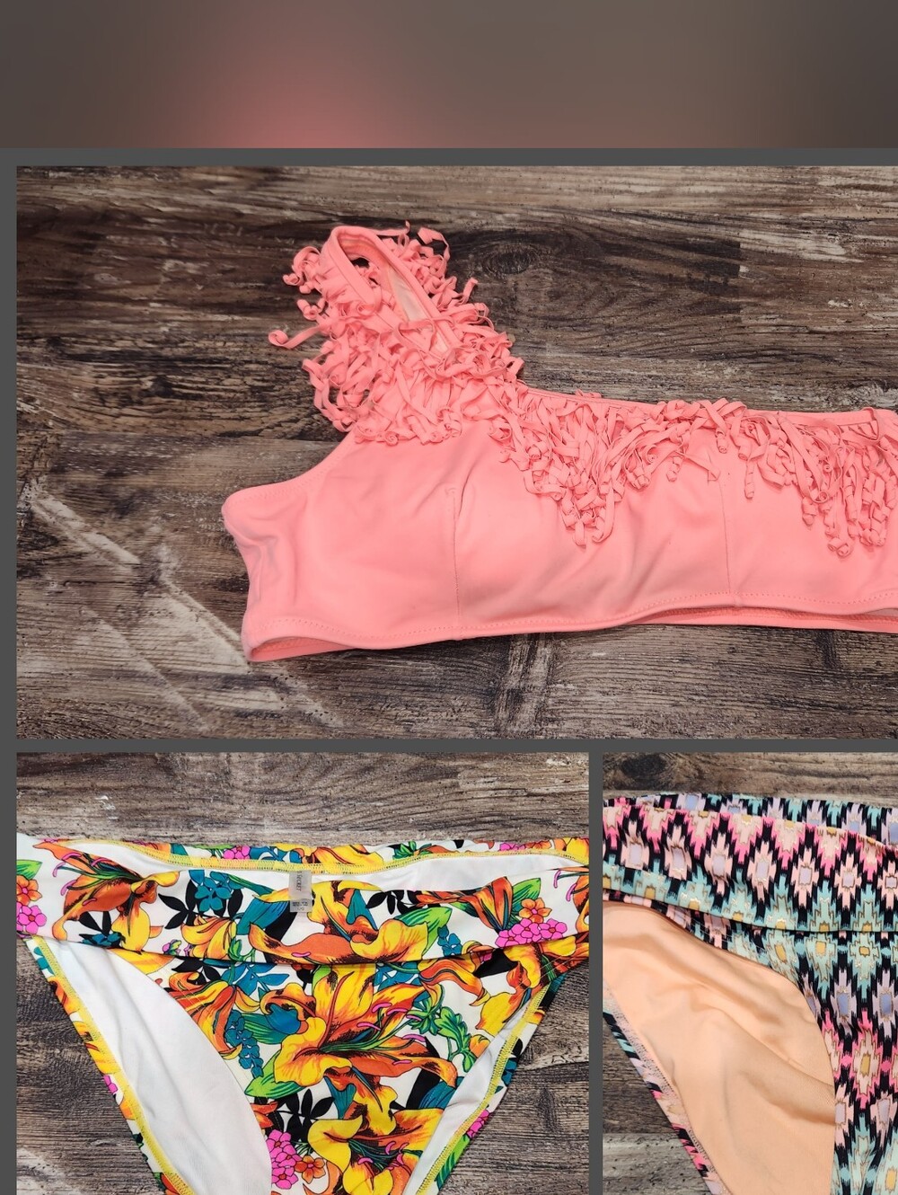Victoria's Secret Coral Pink Ruffled Bikini Top with Floral & Geo Bikini Bottoms